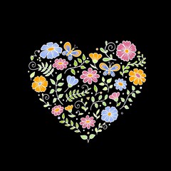 Floral heart. Hand drawn flowers, plants and butterfly. Valentine day card. Print for t-shirt.