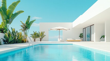 Fototapeta premium Relaxing at a Private Pool by the Beach in a Luxurious Hotel or Vacation Home, Perfect for a Calm and Rejuvenating Getaway