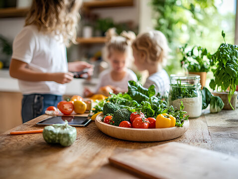 Nutritionist Guiding Family in Balanced Diet Planning with Interactive Food Charts and Engaged Children in Bright Room

