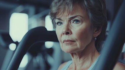Active older woman exercising on a treadmill in a gym setting. This photo captures the energetic spirit of an old woman engaging in fitness activities on a treadmill, with ample copy space.