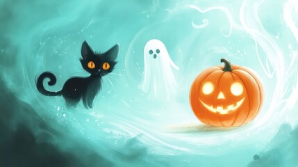 Fototapeta premium A whimsical Halloween scene featuring a black cat, a ghost, and a glowing jack-o'-lantern.