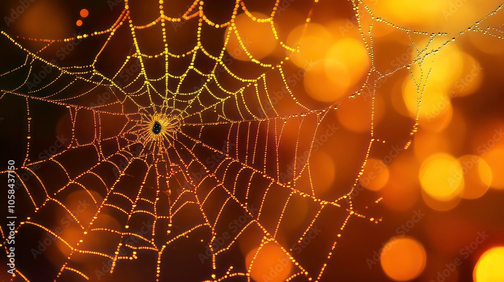 Aufkleber a close-up of a spiderweb with shimmering droplets against a warm, blurred background.