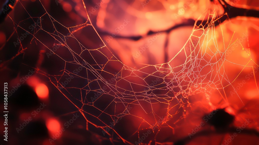 Poster A close-up of a spider web glistening in warm light, showcasing intricate patterns.