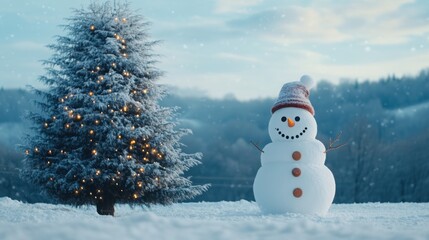 Obraz premium A happy snowman standing next to a large tree, with snow-covered hills in the background and space for text above.