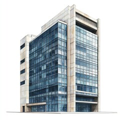 Modern office building or business center with glass windows, isolated on a white background. 