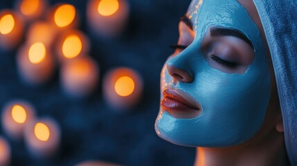 A woman enjoys a rejuvenating facial mask treatment designed to illuminate her skin, with a focus on the illuminating facial mask. The scene includes ample copy space for design use.