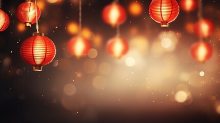 Fototapeta premium Bright red lanterns hang elegantly against a softly lit background during festive celebrations