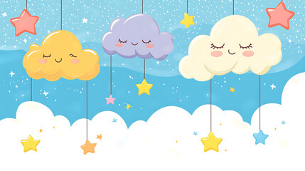 Cute colorful clouds with stars in bright sky create cheerful atmosphere