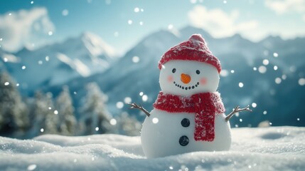 Fototapeta premium A happy snowman with a red scarf and carrot nose, surrounded by falling snowflakes, with a mountain range in the background and copy space above.