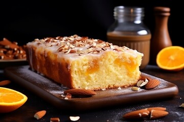 A deliciously moist almond orange cake served on a wooden platter with vibrant citrus slices