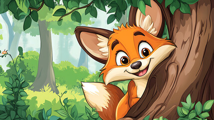 Cute fox peeking from behind tree in vibrant forest setting