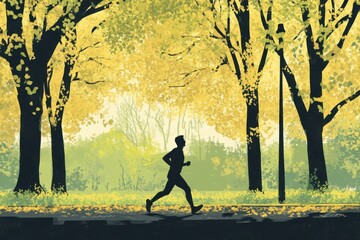 Obraz premium Autumn jogging scene with minimalistic silhouette of a man in a park
