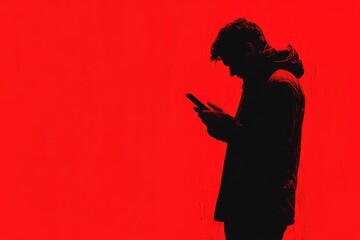 Minimalist silhouette of a man using smartphone against bold red background