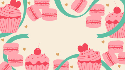 Valentine's Day: Macaroons, cupcakes and ribbon background