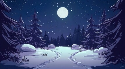 Fototapeta premium Pathway lit by moonlight through snowcovered forest, mysterious winter night walk