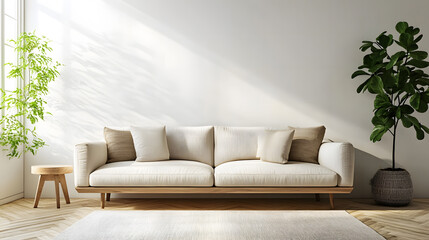 Modern Living Room with Vacant White Wall and Beige Couch