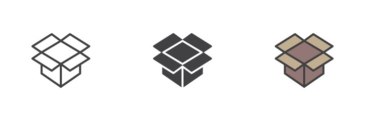 Open cardboard box different style icon set