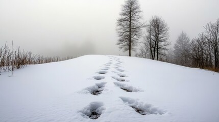 Obraz premium Trail of footsteps winding up snowy hill, foggy background, mysterious winter quest