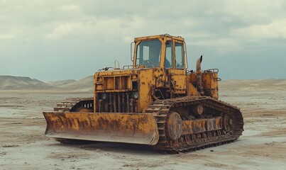 A yellow bulldozer with a large blade sits on a dusty, flat desert landscape.