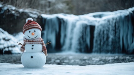 Obraz premium A smiling snowman standing in front of a frozen waterfall, with plenty of copy space on the left side.