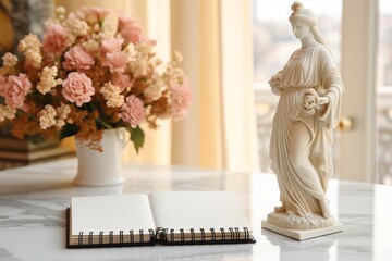Elegant statue beside a blank notebook and flowers in a serene indoor setting during daylight