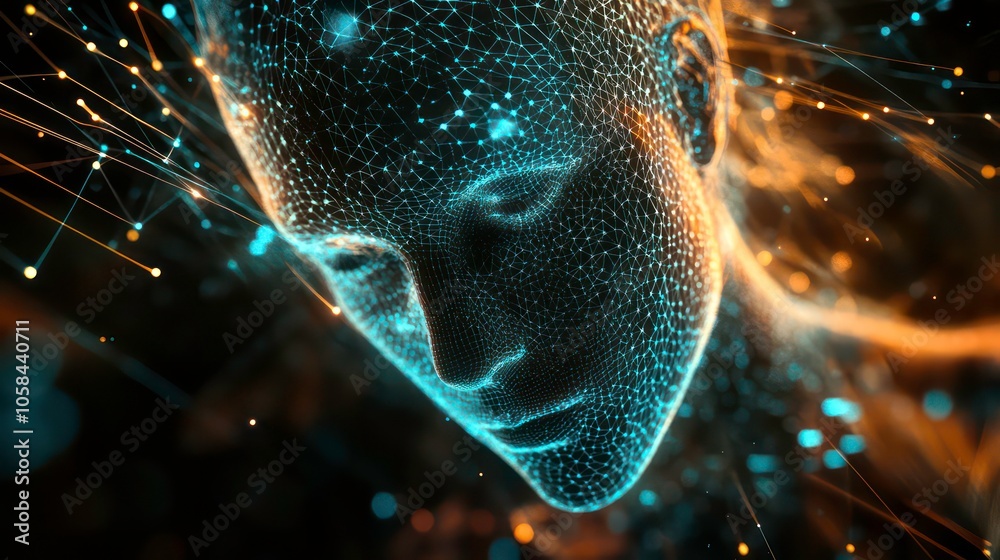 Poster a digital representation of a human-like face made of glowing particles and connections.