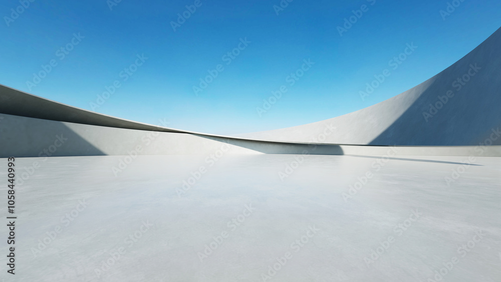 Poster 3d render of white futuristic architecture, abstract wavy structure with empty concrete floor.