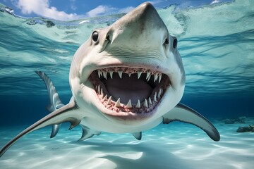 Naklejka premium Majestic tiger shark swimming gracefully in clear blue waters of the ocean