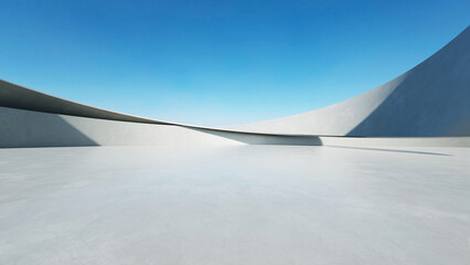 Naklejka premium 3d render of white futuristic architecture, abstract wavy structure with empty concrete floor.