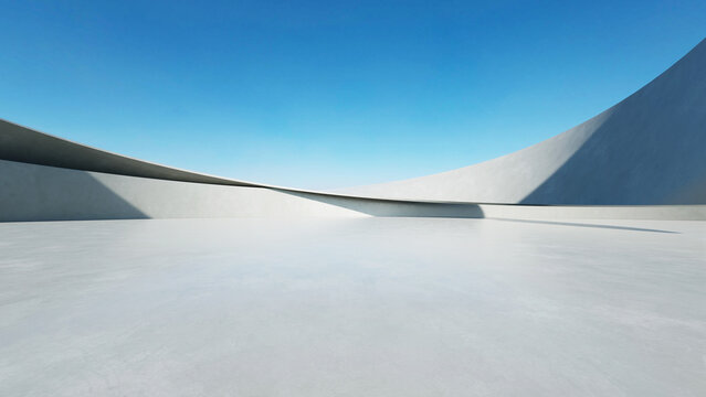 3d render of white futuristic architecture, abstract wavy structure with empty concrete floor.