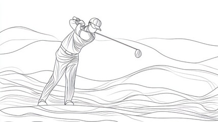A line art illustration of a golfer swinging a club against a wavy background.