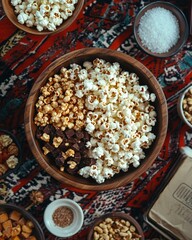 Sweet and savory popcorn mix with caramel, white cheddar, and dark chocolate