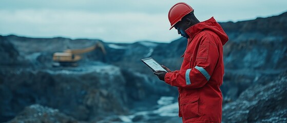 An African American young man working in mining construction is using a tablet. © Sawitree88
