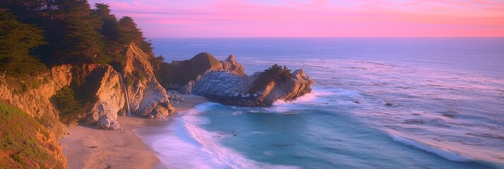 Naklejka premium Majestic Coastal Sunset: A Panoramic View of Rugged Cliffs, Crashing Waves, and Colorful Horizon - Ultra-Detailed Landscape Photography