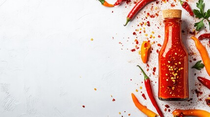 Hot sauce in a glass bottle, isolated on a white background with a few chili peppers nearby for a spicy, bold presentation
