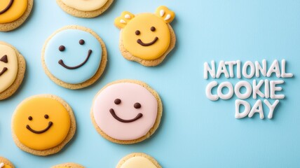 Obraz premium Colorful cookies shaped like smiley faces celebrating National Cookie Day on a blue background.