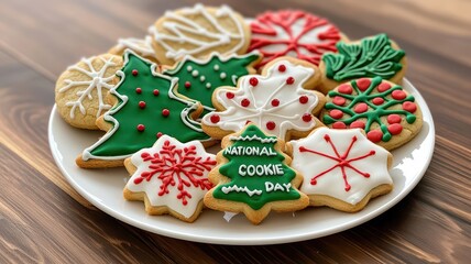 A festive platter of decorated cookies featuring Christmas shapes and vibrant icing, perfect for celebrating National Cookie Day.