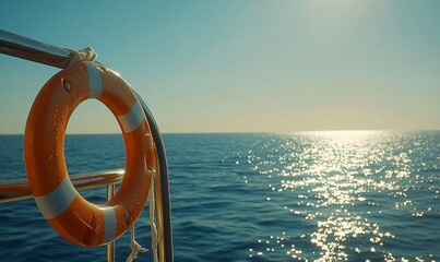 An orange lifebuoy hangs on the side of a boat with a bright blue ocean and a sun-drenched sky.