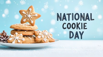A festive display of decorated cookies celebrating National Cookie Day, set against a light blue background with snowflakes.