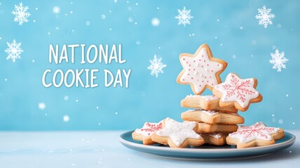 A festive display of star-shaped cookies celebrating National Cookie Day against a cheerful blue background.