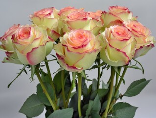 Obraz premium A bouquet of pale yellow roses with pink edges, symbolizing beauty and affection.