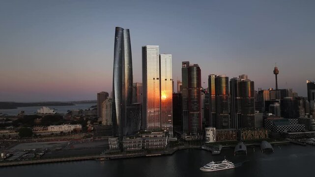 Darling Harbour Waterfront And Barangaroo At Dusk In Sydney, Australia - Aerial Pullback