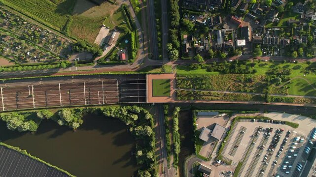 Aerial View Of Barendrecht Railway Station On Sunny Day In Barendrecht, Netherlands. topdown shot