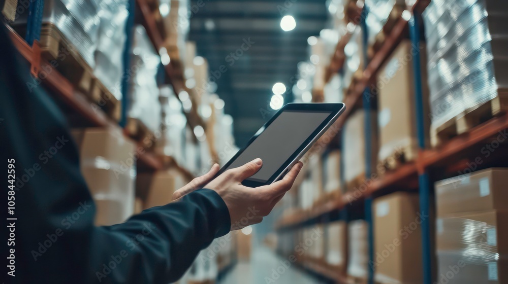 Poster a person holds a tablet in a warehouse aisle filled with stacked boxes.