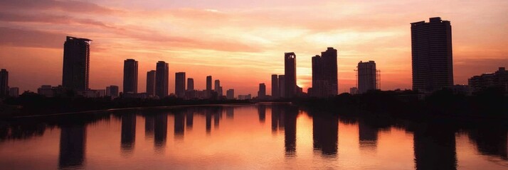 Naklejka premium Majestic Urban Skyline at Dusk with Silhouetted Skyscrapers and Colorful Sunset Reflection in River - Ultra-Detailed Panoramic Landscape