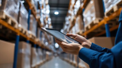 A person using a tablet in a warehouse filled with stacked pallets.