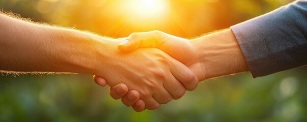 Two hands shaking in a warm, outdoor setting with sunlight in the background.