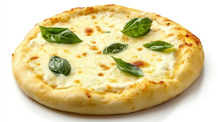 Margherita pizza with melted cheese and basil leaves, isolated on a clean white background for a simple, classic Italian feel