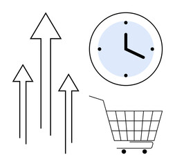 Three upward arrows, a clock, and a shopping cart outline represent growth, efficiency, punctuality, and consumerism. Ideal for business trends, productivity, online shopping, time management, market