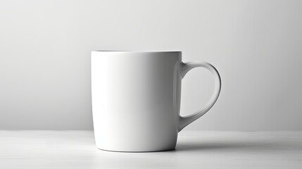 Obraz premium Simple white ceramic mug against a light background on a wooden table